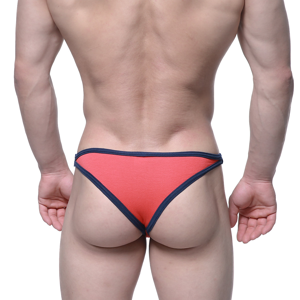 Coral-colored briefs with navy blue trim from metromalewear infinito bikini 6017-14 for comfortable daily wear