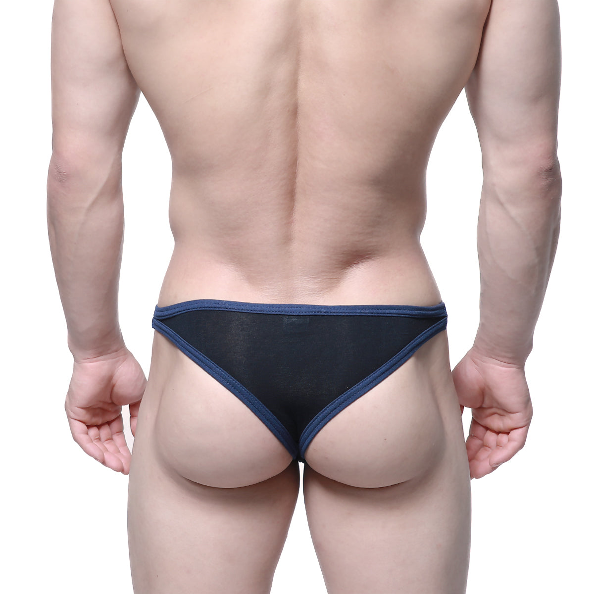 Metro male wear infinito bikini black 6017-20 black mesh briefs with navy blue trim front view