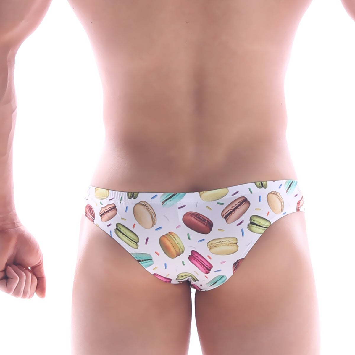 White swim trunks metro male wear capri bikini macaron 6103-32 with colorful macarons and sprinkles pattern