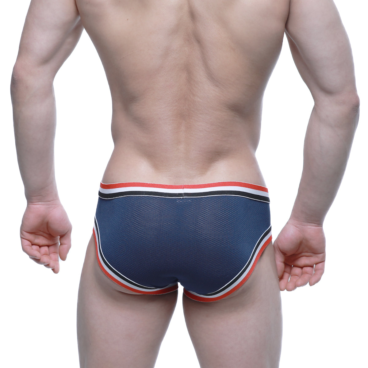 Navy blue mesh briefs with red white and black striped trim metro male wear cupid bikini 6105-28 front view