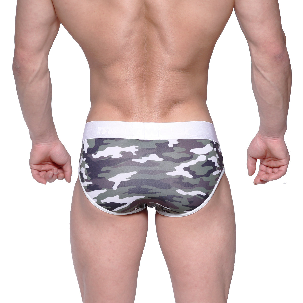 MetroMaleWear bright brief green camo gray and white camouflage briefs with solid white waistband front view