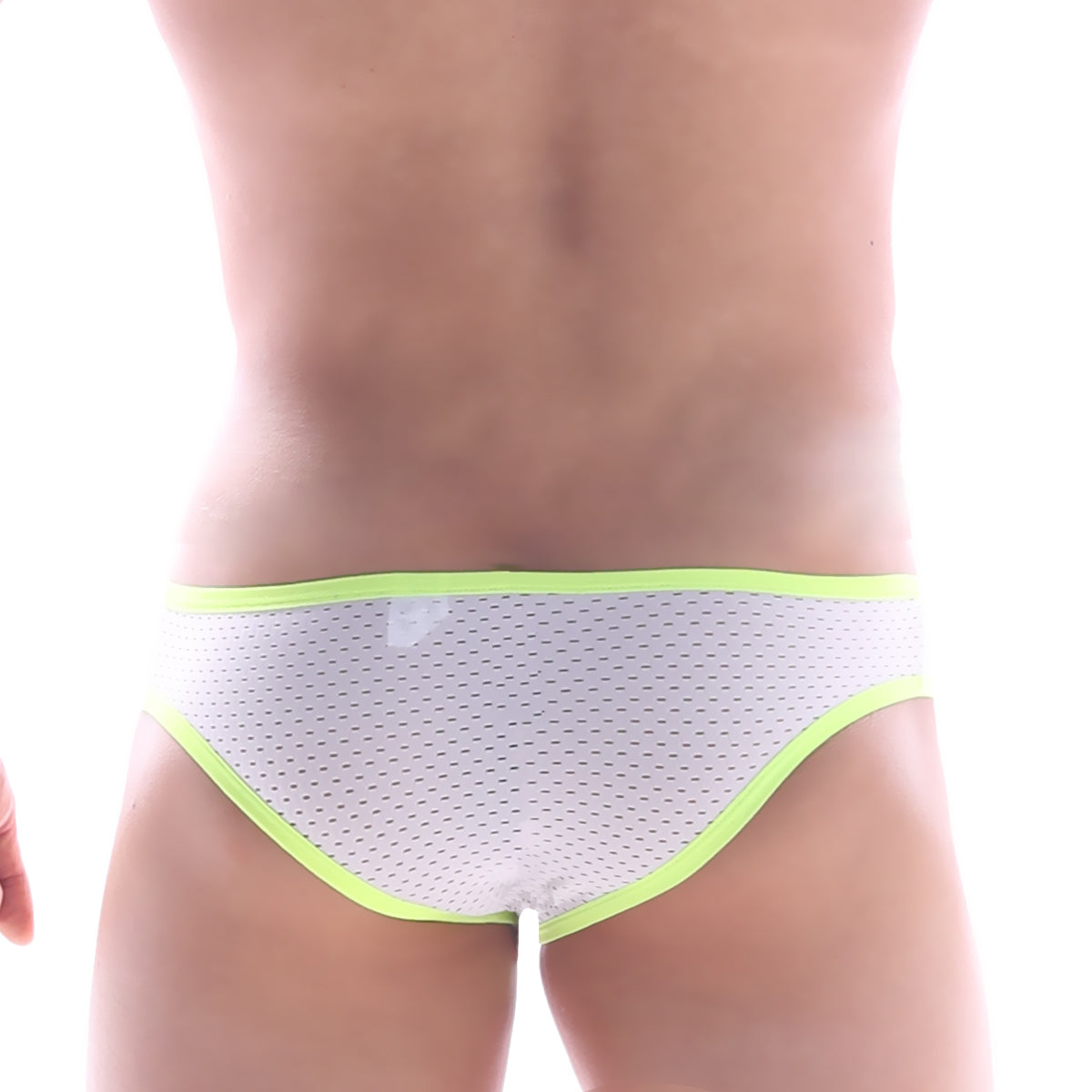 White mesh briefs with neon green trim from MetroMaleWear Focus Brief White 6107-00 showcasing breathable design