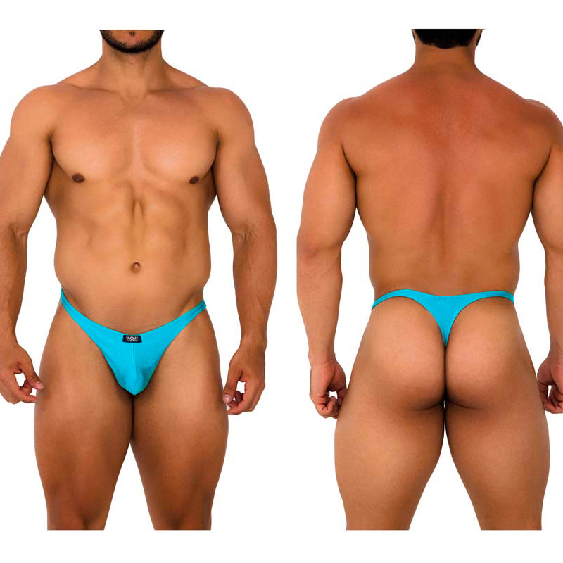 Bright turquoise MetroMaleWear fantasy thong with sleek form-fitting design and small black logo on front