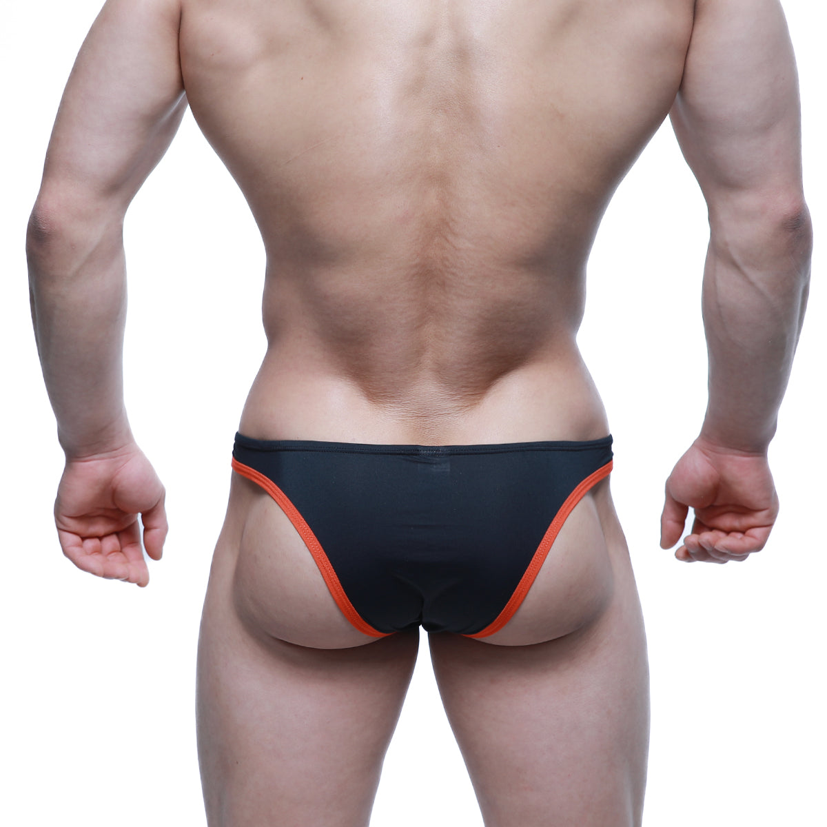 Black swim trunks with vibrant orange trim along sides and waistband from MetroMaleWear TOP Bikini Coral 6114-21
