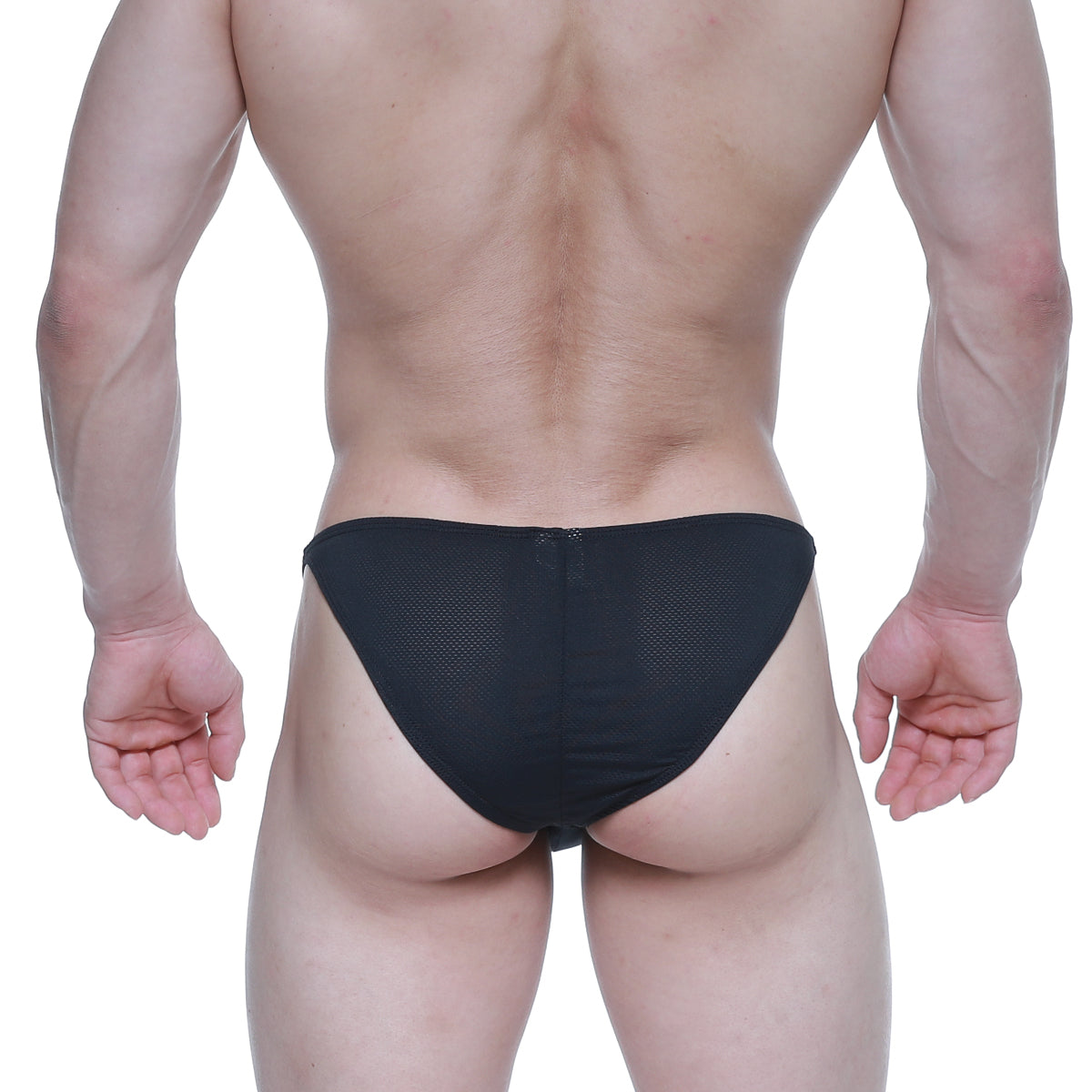Black mesh briefs with a zipper closure at the back from metromalewear fantasy bikini black 6116-20