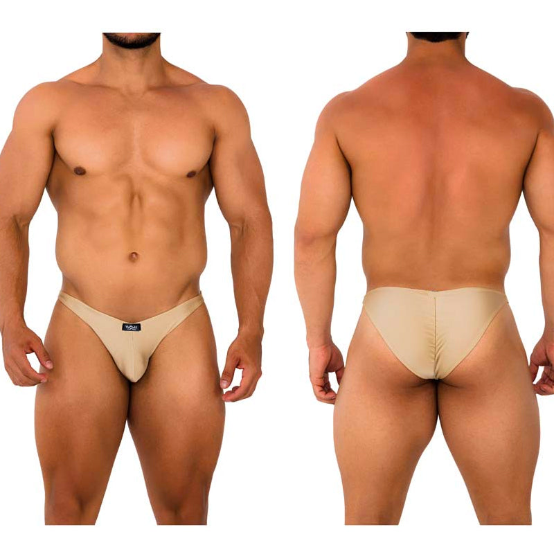 Beige form-fitting briefs metroMalewear fantasy bikini gold 6116-21 with subtle brand logo on the front