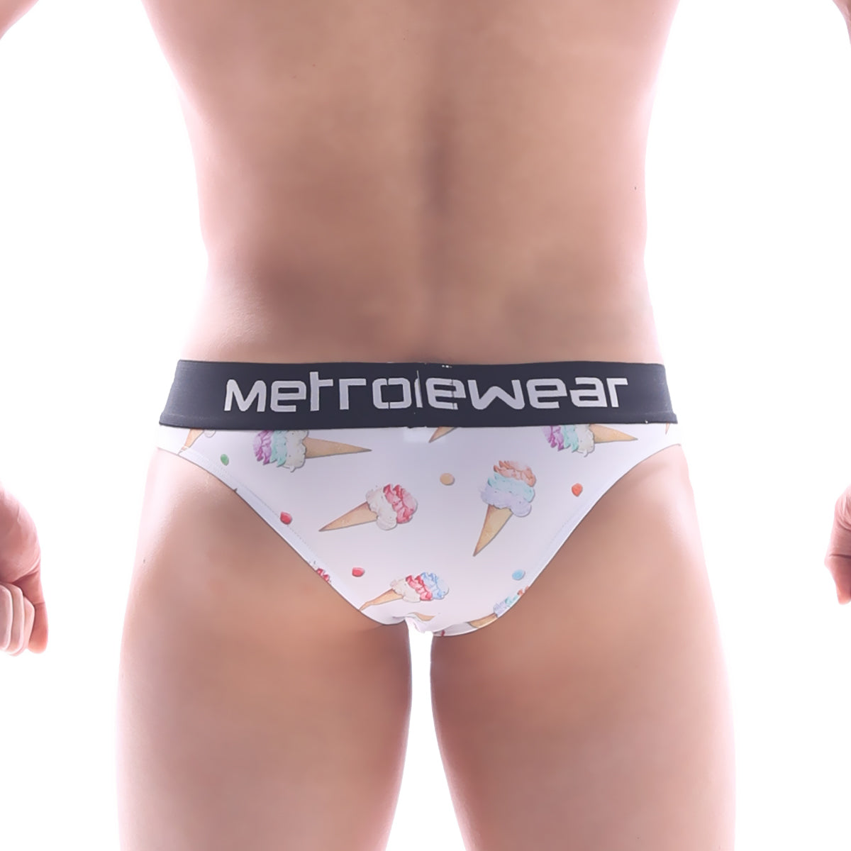 White mens briefs in ice cream cone pattern with pastel swirls and black metrowear waistband shown from back