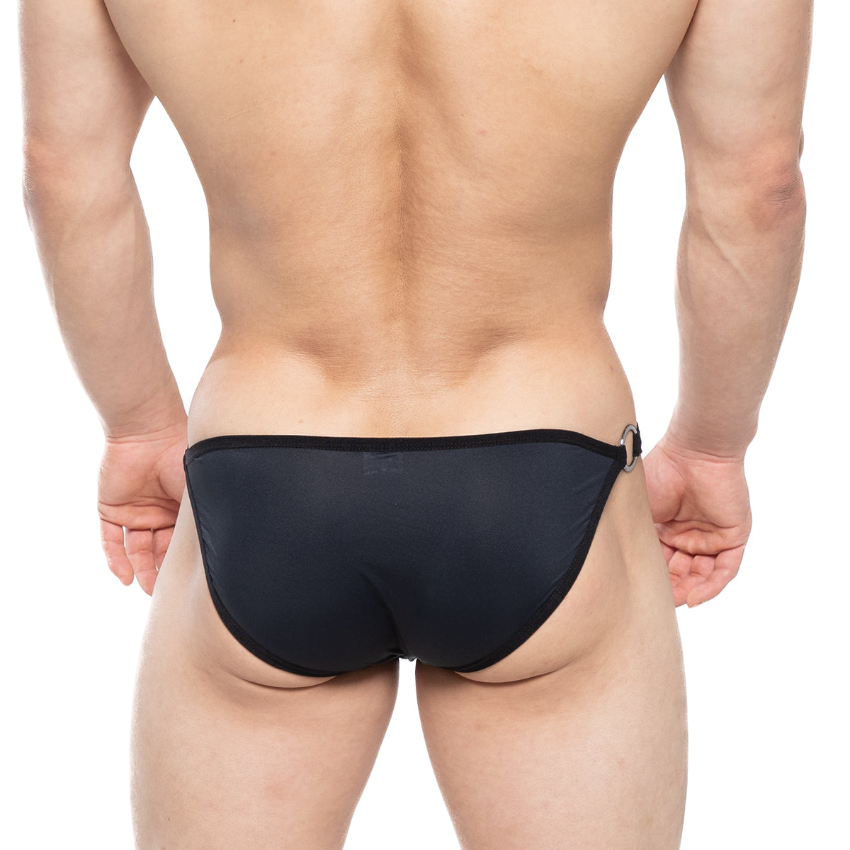 MetroMaleWear Mahana bikini black sheer mesh briefs with solid waistband and metal ring on the right side