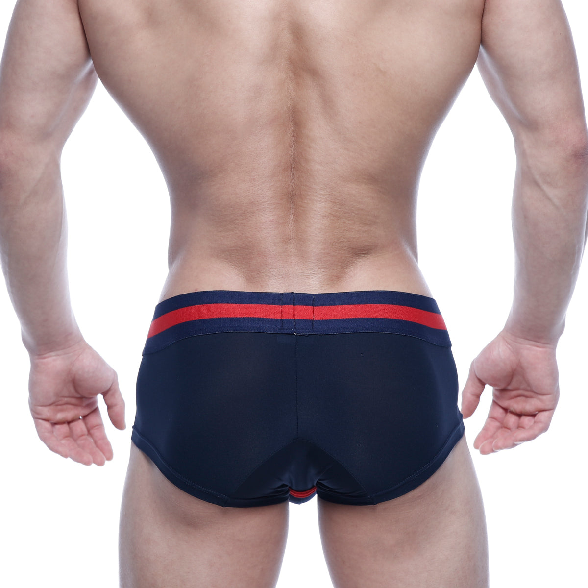 MetroMaleWear micro mini boxer navy 7013-28 swim trunks in navy blue with red and navy striped waistband