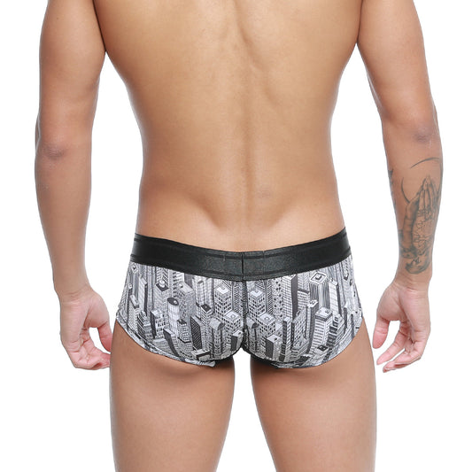 MetroMaleWear micro mini boxer briefs in black and white cityscape pattern with black elastic waistband