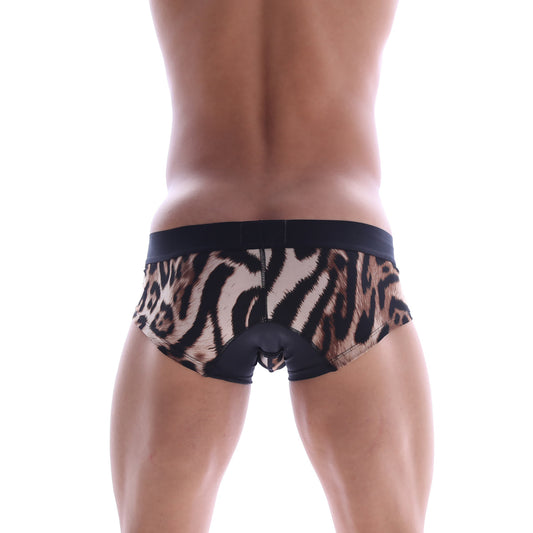 MetroMaleWear micro mini boxer briefs with black and tan tiger stripes and a solid black waistband