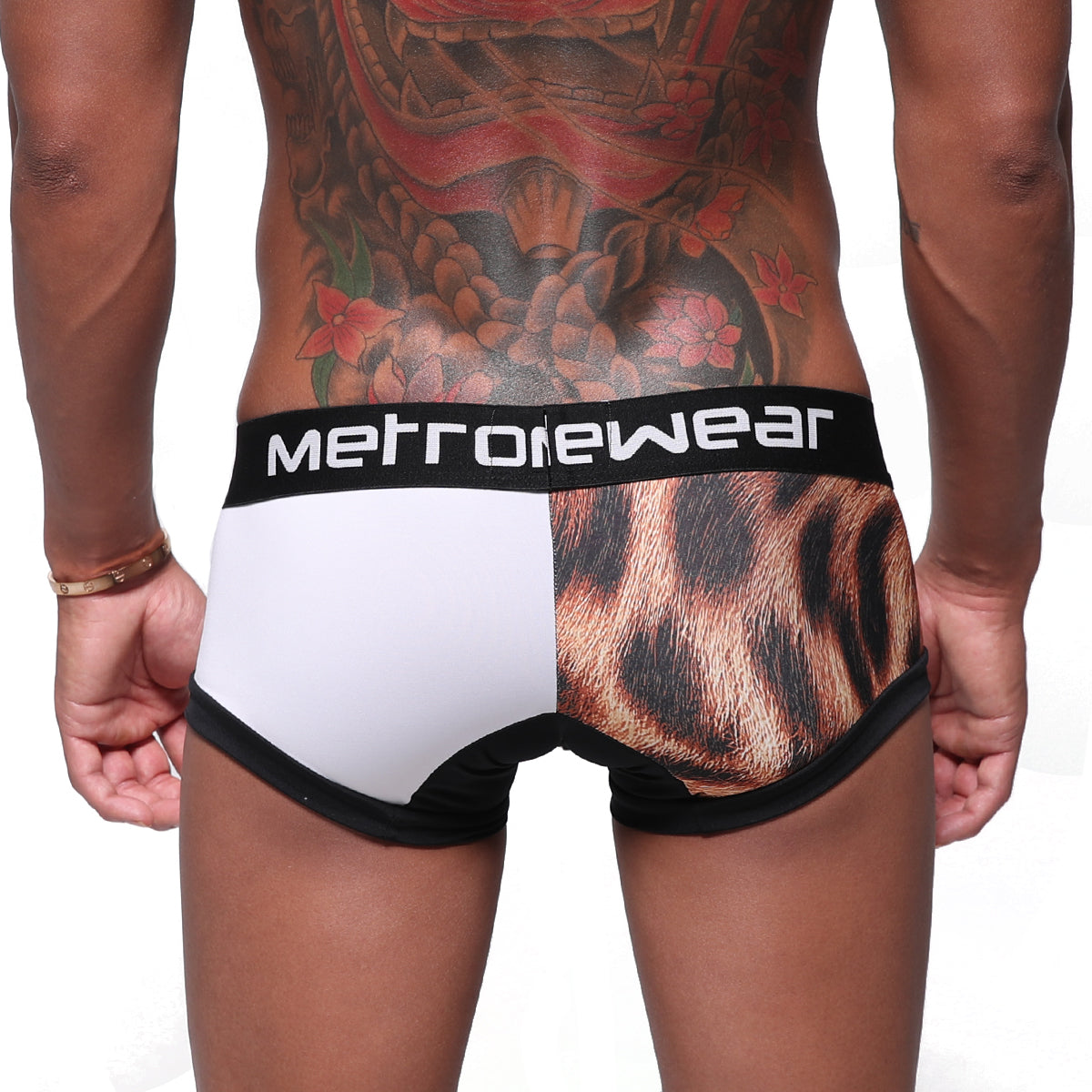 Metrowear mens briefs metro malewear micro mini boxer siberia 7013-78 with white and brown leopard print in black trim