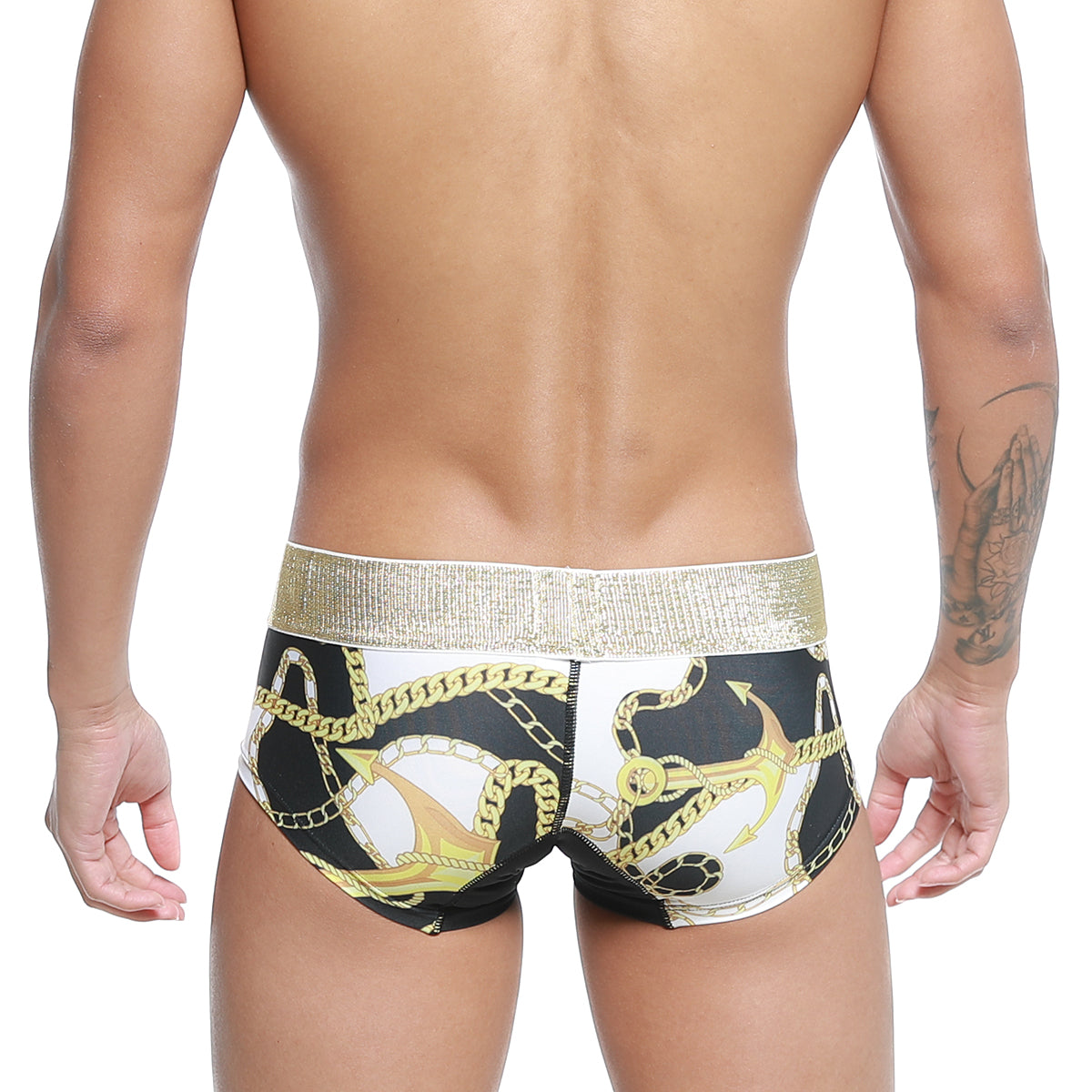 MetroMalewear egyptian trunk 7013-99 black and white swim trunks with gold anchor and chain pattern and metallic waistband