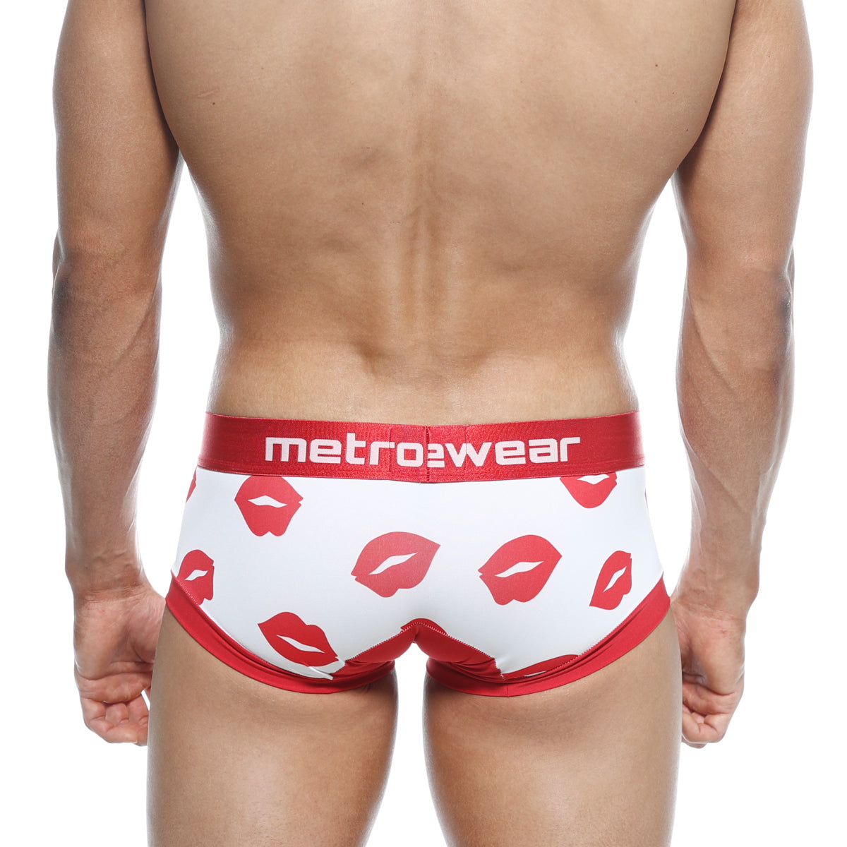 White metro male wear hotties boxer valentine briefs with red lipstick print and branded red waistband