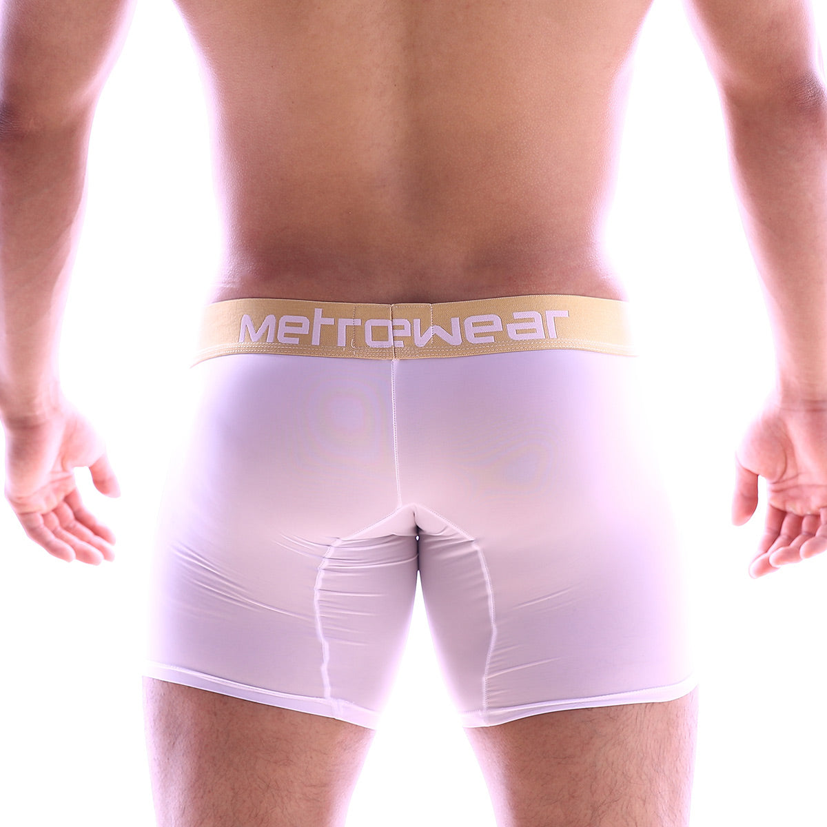 White metro male wear micro long boxer briefs with gold waistband and white brand name lettering 7017-00