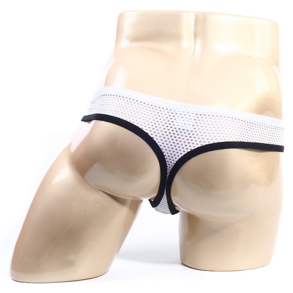 White mesh briefs with black trim from metromalewear alcala thong black 7102-20 showing front side design