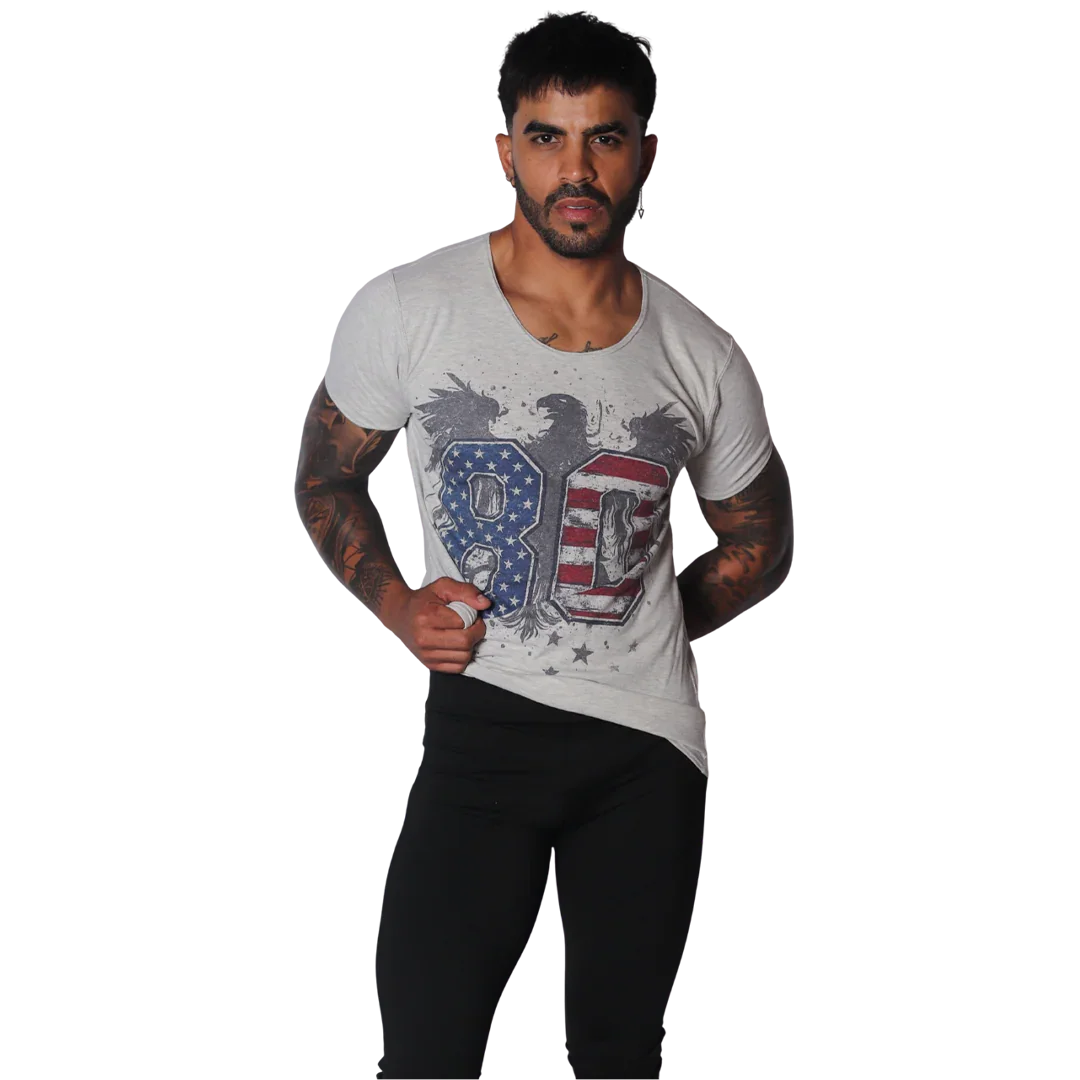 Light gray short-sleeve T-shirt with a distressed eagle graphic featuring a patriotic 80 design, scoop neckline.