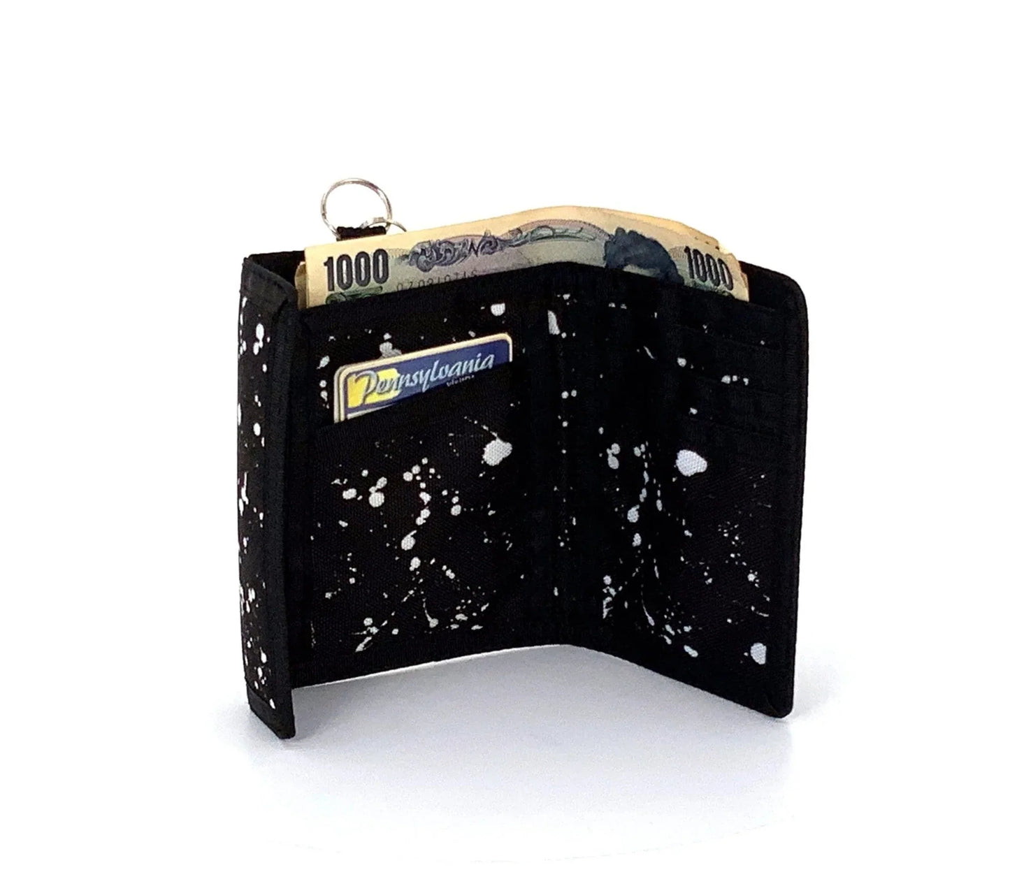 Black 80s velcro wallet with white paint splatter design silver key ring and pennsylvania branded card slot