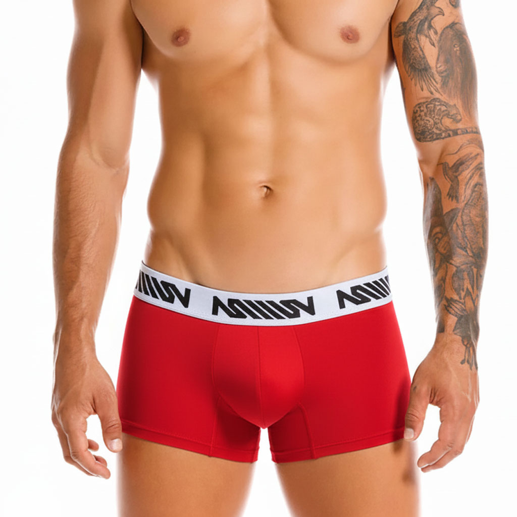 Red metroMalewear core short boxer briefs with white elastic waistband and black geometric branding, 7 inch length