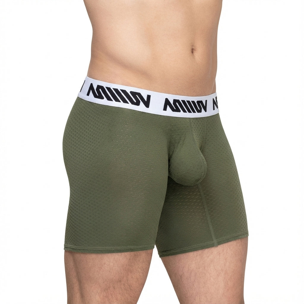 Olive green mesh metroMalewear max mid cut boxer briefs with white waistband and black miiow branding khaki 8023-26