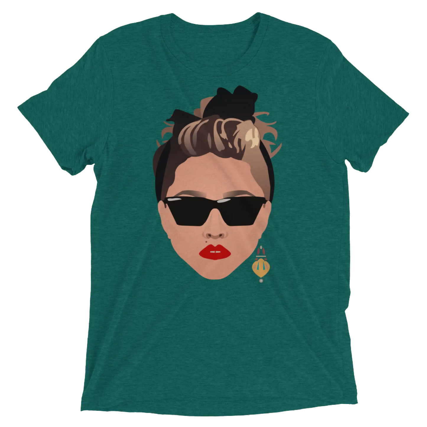 Teal heathered cotton t-shirt featuring an 80s glamour graphic of a woman with sunglasses red lips and a black bow