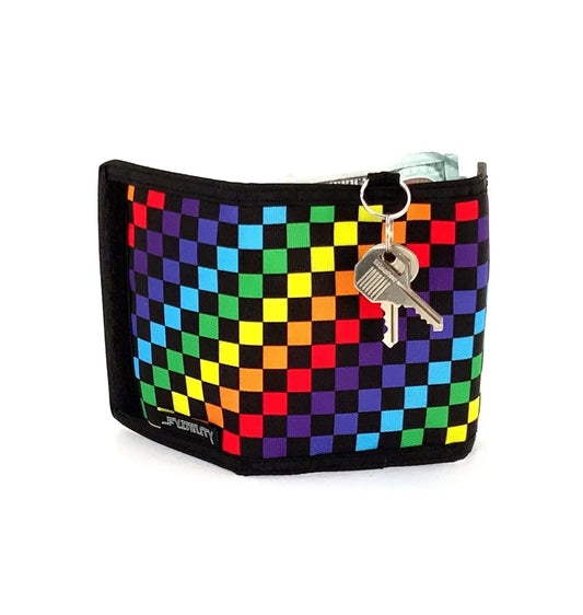 Rainbow checkered 80s velcro wallet with black trim and attached keychain for secure everyday carry