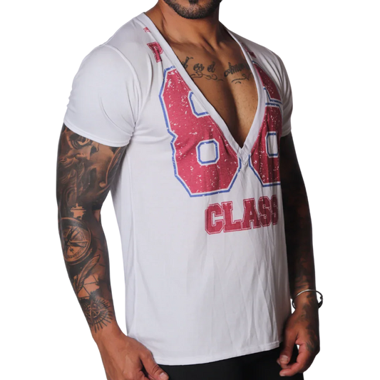 White deep V-neck T-shirt with a distressed red and blue "86 CLASS" graphic print.