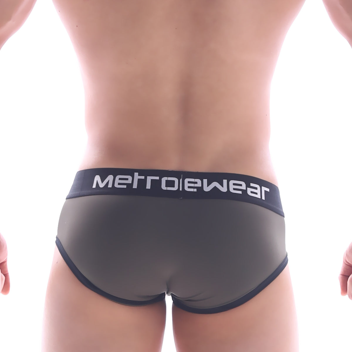 Dark gray MetroMaleWear Rust Sport briefs with black trim and a white branded logo band