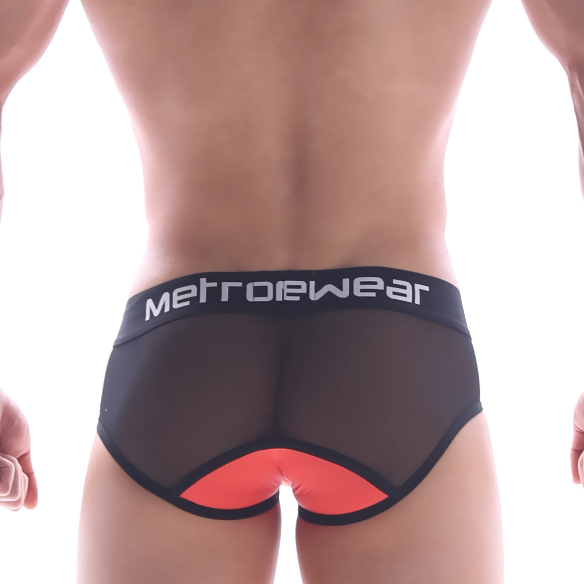Black mesh briefs with vibrant orange triangular back accent and metrowear branded waistband from metromalewear joy mesh brief coral 9004-42