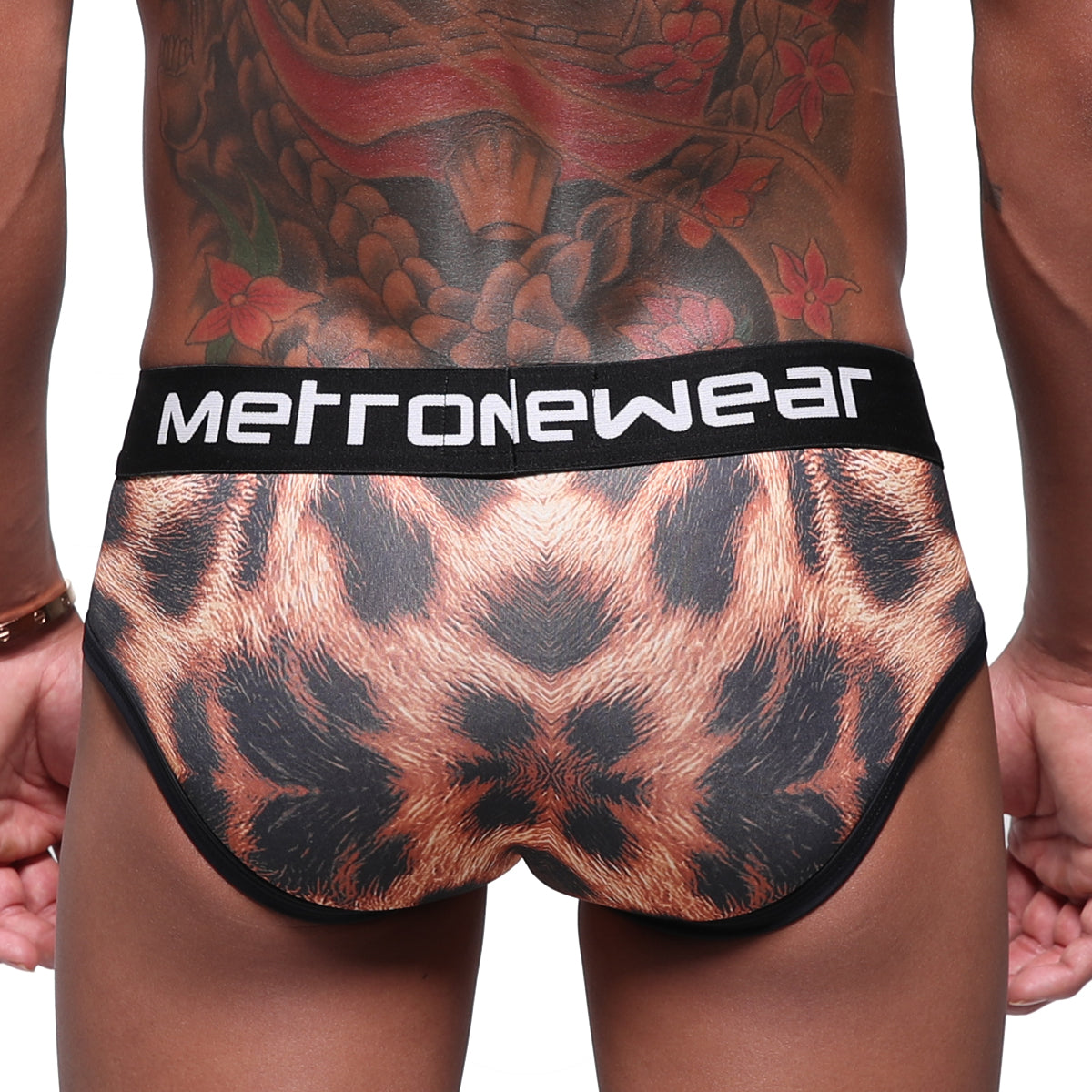 MetroMaleWear 365 hip brief animal 9005-60 in black and copper leopard print with black waistband and white logo