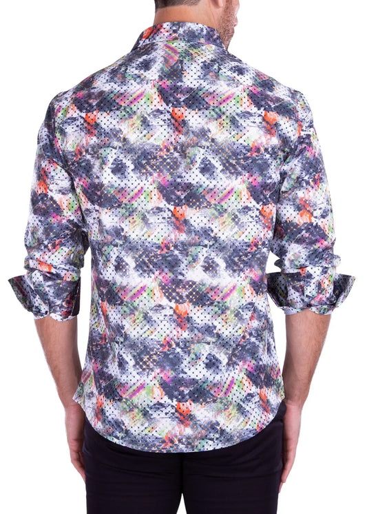 A man wearing an abstract brushstroke long sleeve shirt with geometric pattern in gray black orange pink and white