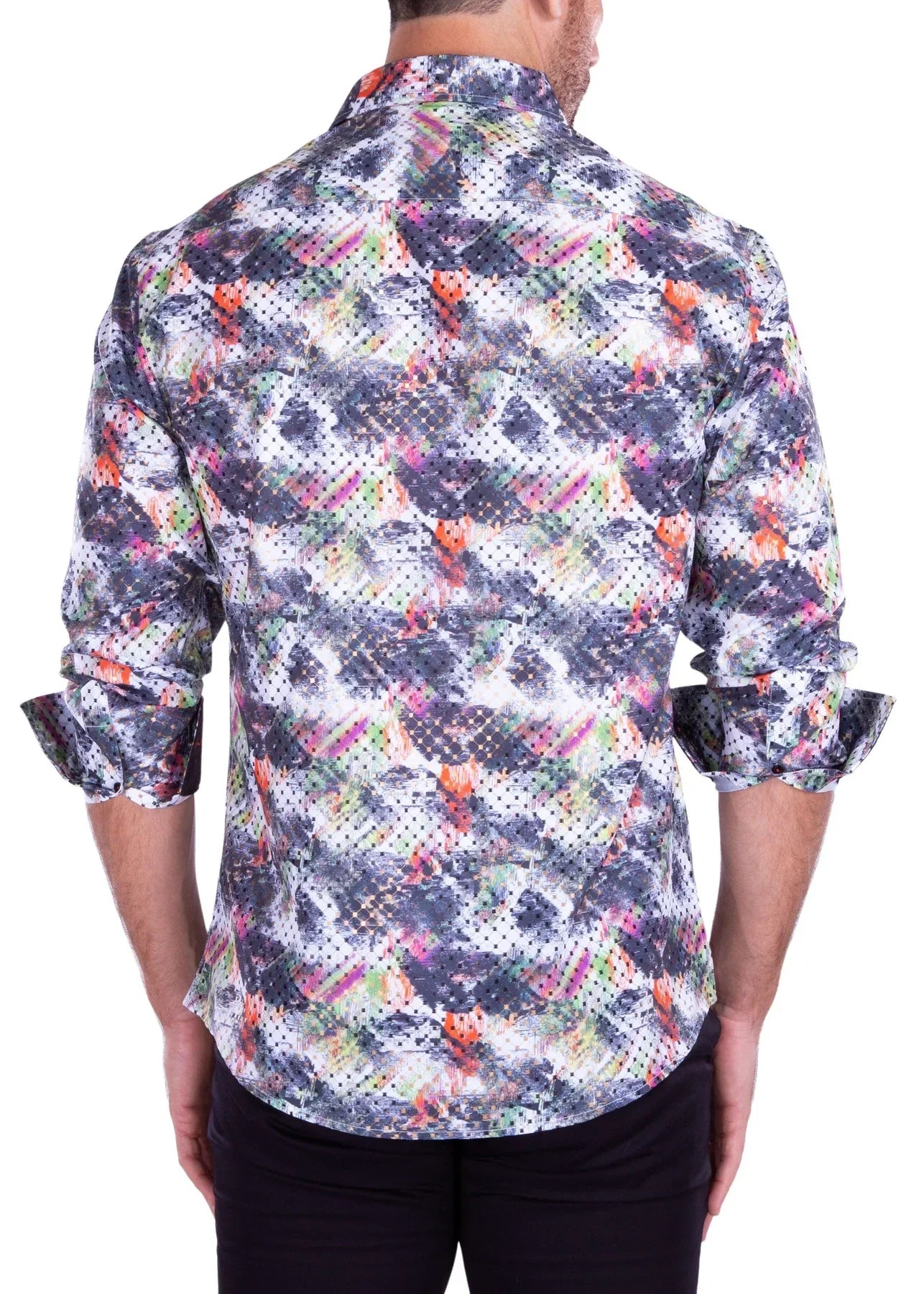 A man wearing an abstract brushstroke long sleeve shirt with geometric pattern in gray black orange pink and white