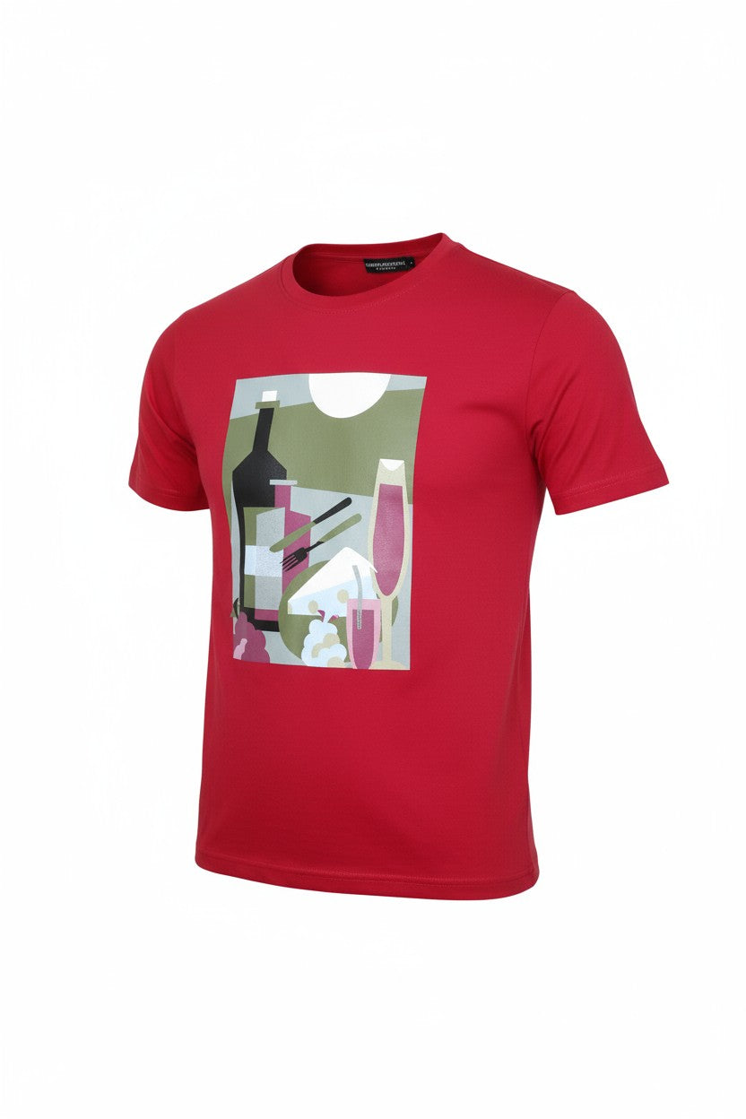 Red cotton abstract graphic t-shirt featuring a bold stylized print of wine bottles and glasses in muted tones