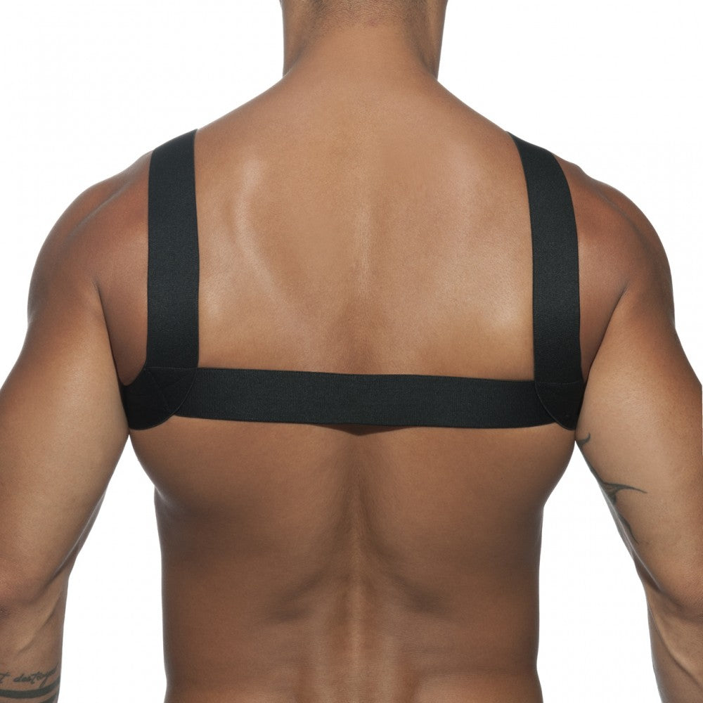 Black elastic strap harness worn across the back in the ad basic harness product design
