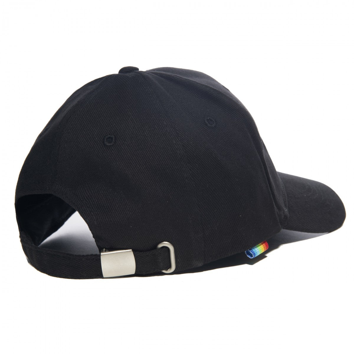 Black ad rainbow cap showing back side with silver metal buckle and small rainbow-colored fabric tag on the side