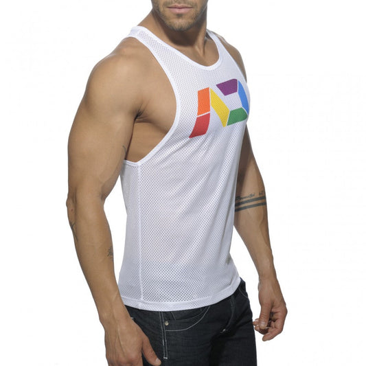 White mesh tank top featuring a colorful rainbow logo on the chest from AD Rainbow Mesh Tank collection