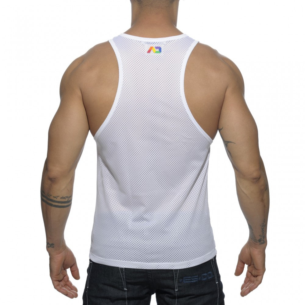 White mesh tank top with a small rainbow logo at the neckline from the ad rainbow mesh tank collection