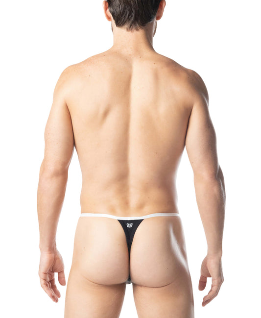 Black adonis thong back side showing black thong with white waistband and small logo on the back