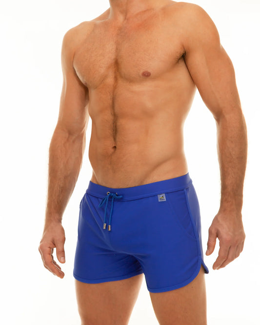 Bright blue along slit swim short with drawstring waistband and side pockets for comfortable beachwear