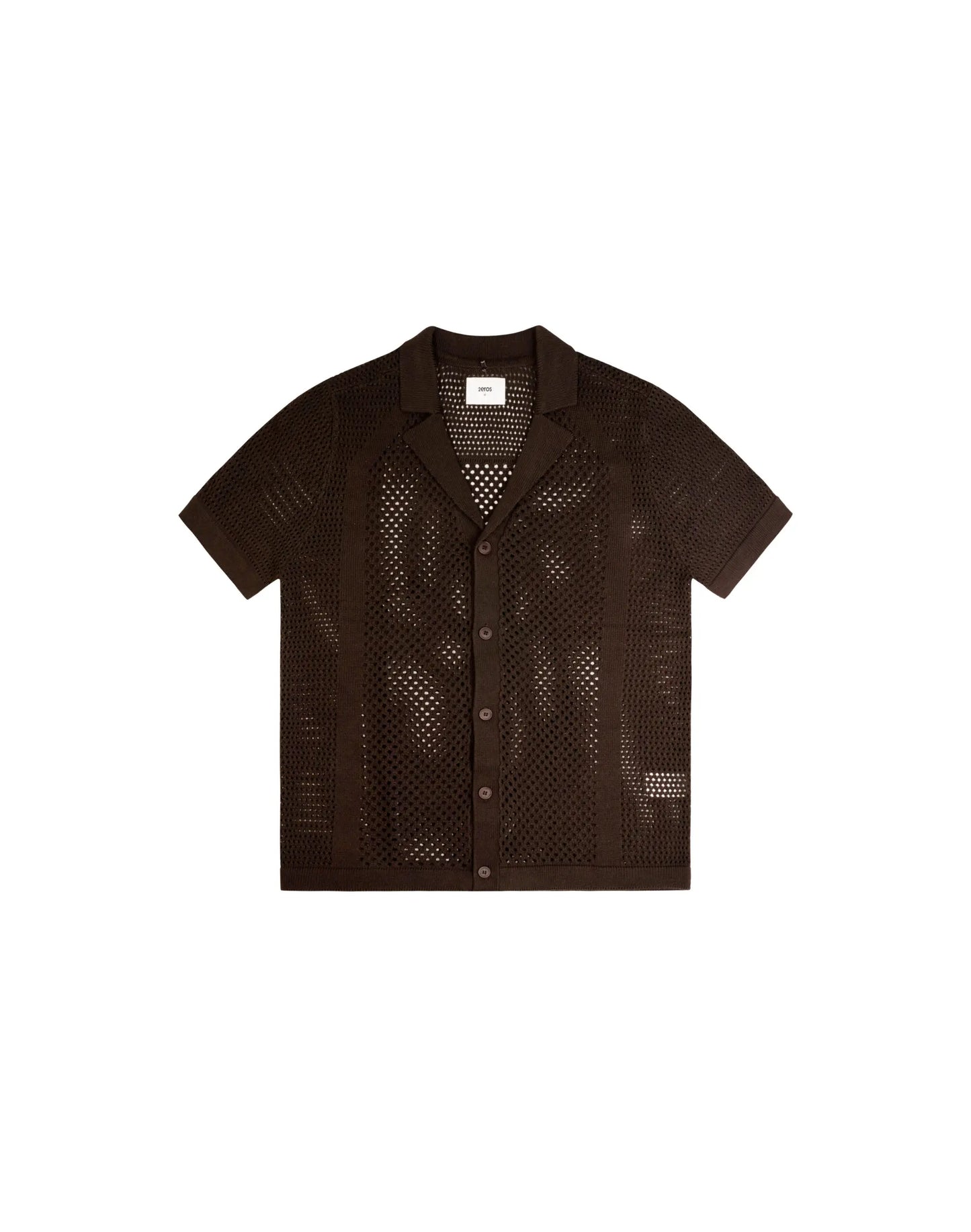 A dark brown amafi knit shirt with short sleeves a perforated knit pattern and a classic collar