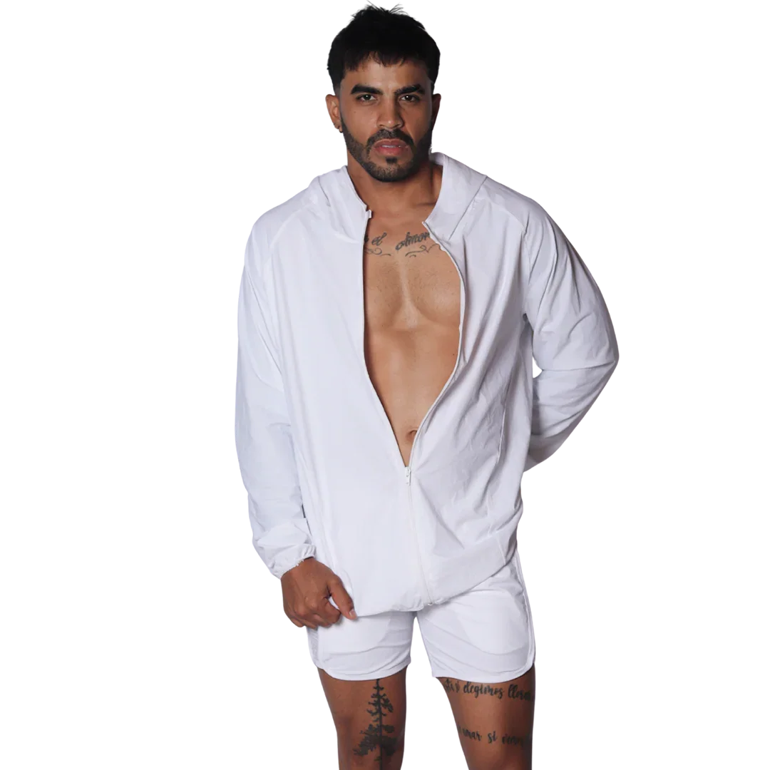 White long-sleeve hooded jacket with front zipper, made of lightweight, smooth performance material.