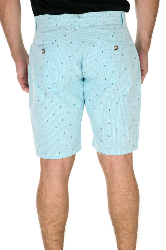Light blue anchor micro print shorts with buttoned back pockets shown from the back side