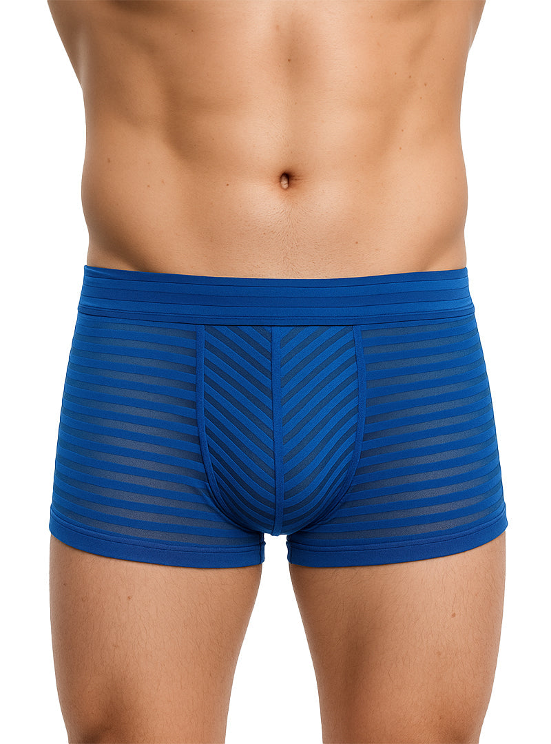 Active stripe nylon trunk men’s blue striped boxer briefs with chevron pattern and sheer mesh fabric front view