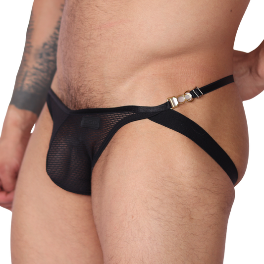 Side view of Gigo Anwar black mesh jock thong with gold-toned hardware and elastic side strap detail.