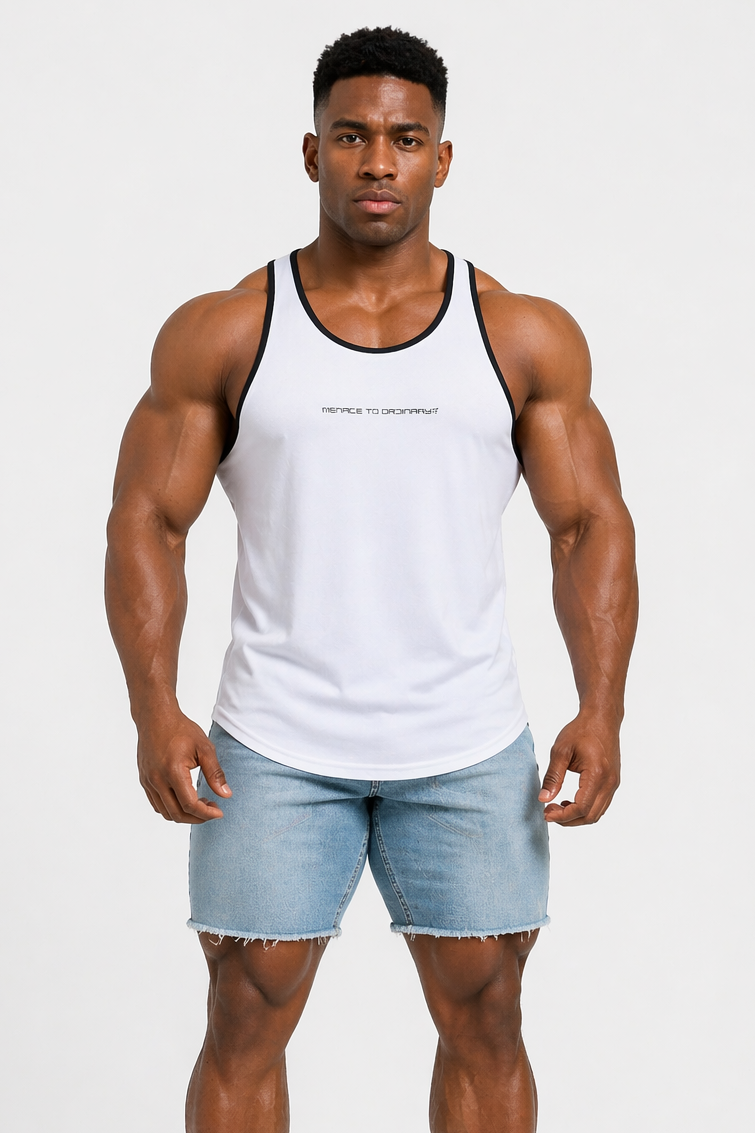 Jed North Men's Fast-Dry Bodybuilding Workout Stringer - White w/ Navy Menace