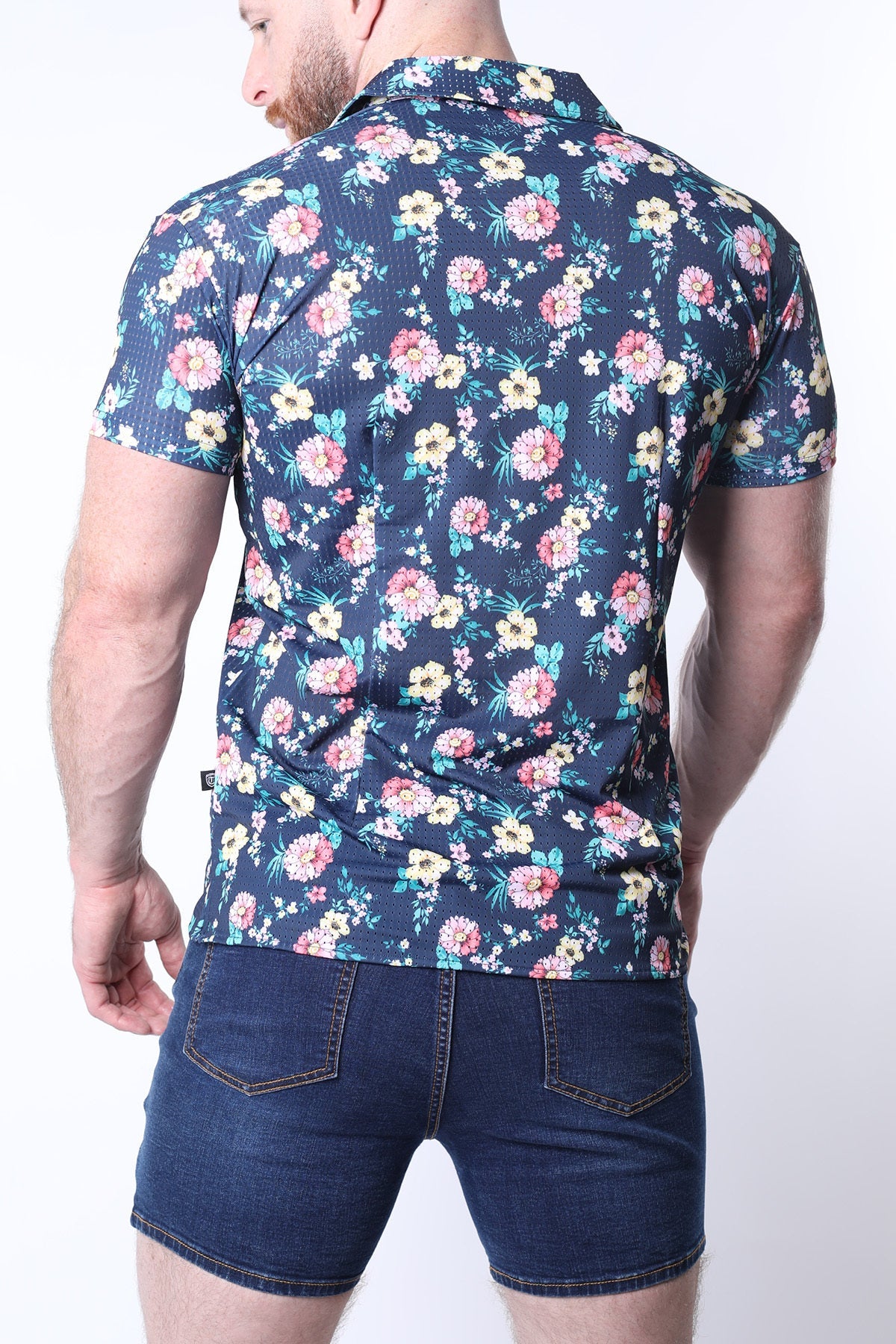 Balboa button down shirt navy blue short sleeved button up with vibrant pink yellow and light green floral pattern