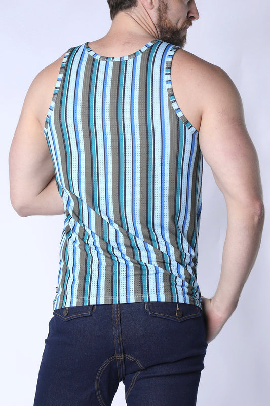 Balboa mesh tank top men’s sleeveless with vertical blue teal and gray stripes and breathable mesh texture