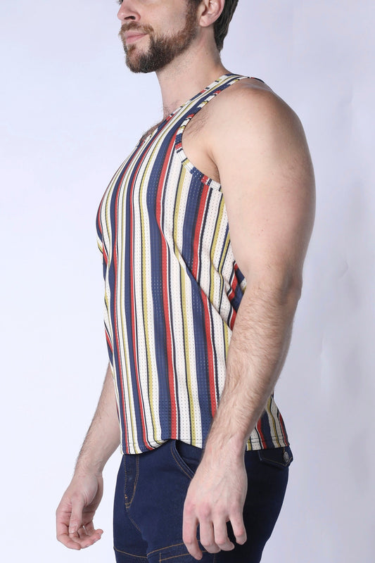 Balboa mesh tank top striped men’s tank top with vertical navy blue red yellow and cream mesh fabric