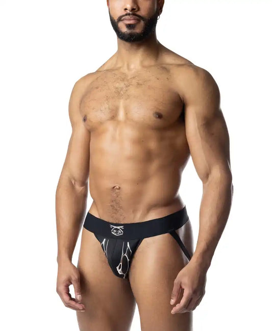 Black and white barbed wire jockstrap briefs with bold stylized logo on waistband in front view