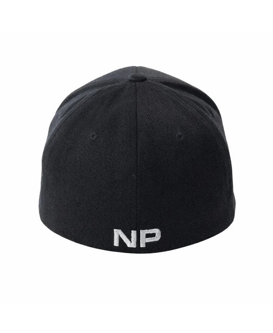 Black fitted barbed wire snout cap showing back with white embroidered np logo on cotton fabric